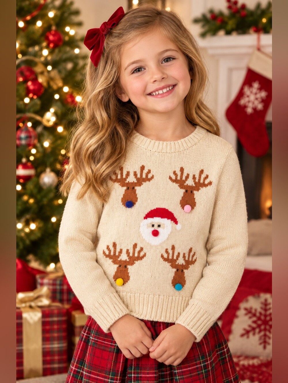 Holiday Time Santa and Reindeer Classic Christmas Sweater Tan Knit Top Kids 12m